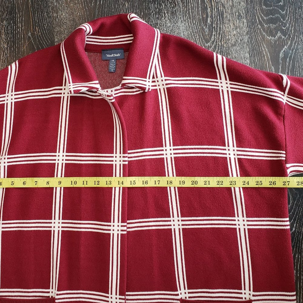 EUC Modcloth Women's Red Plaid Long Heavy Open Front Cardigan Pockets Sweater 1X - Picture 5 of 9